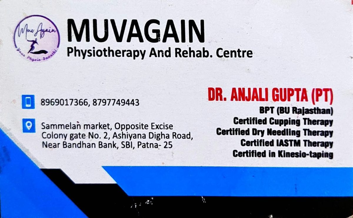 MuvAgain Physiotherapy visiting card with address and phone numbers